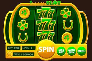 UI game slot machine with buttons and symbols on the theme of St. Patricks Day. Slot symbols- 777, clover, golden lucky coin and horseshoe vector