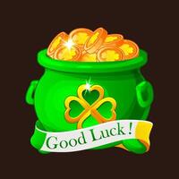 Green pot full of golden coins with clover sign and ribbon Good Luck -symbol of St Patrick Day in cartoon style. Cauldron with lucky coins icon for game, slot, greeting card, sticker or print vector