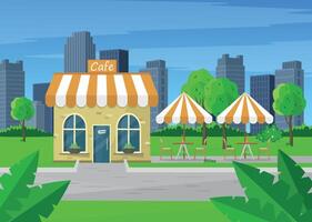 Cafe with a terrace in the park against the backdrop of buildings. Cafe building in the city. vector