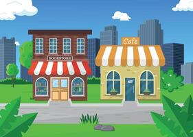 Bookstore and cafe in the city. Buildings in the green part of the city. vector