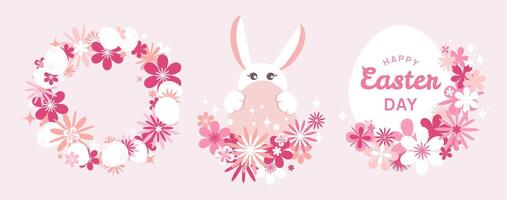 Happy Easter concept illustration with eggs, bunnies, flower wreaths and vignettes, set .Trendy Easter design bunni,flowers, eggs, in pastel colors for card,banner,print design. illustration vector