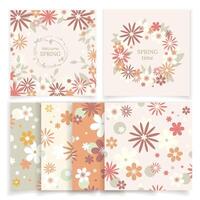 Floral spring designs cards and seamless patterns backgrounds set for seasonal Summer or spring design. Seamless patterns with flowers for print, textile, wallpaper, paper, background design. vector