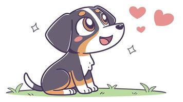 A cartoon dog sitting on grass with hearts around it vector