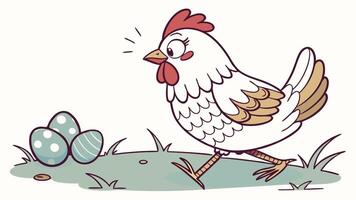 A cartoon chicken is walking around a field with eggs vector