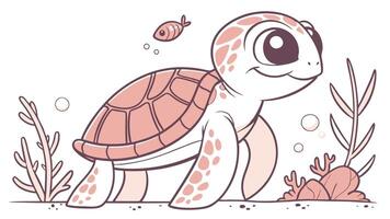 A cartoon turtle with a pink shell and a fish vector