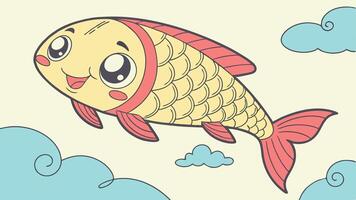 Cartoon fish flying in the sky with clouds vector