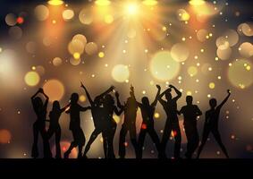 Silhouettes of people dancing on golden bokeh lights background vector