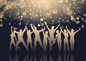 Silhouettes of people dancing on a stars and bokeh lights background vector