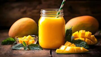 Mango smoothie in a glass with fresh mango on wooden table background photo