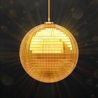 Gold disco ball. Bright glowing disco ball. Shiny mirror disco ball with sparkling reflections on black background for flyer, party invitation, New Year poster, celebration theme. vector