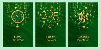 Christmas card set. Happy New Year 2025. Gold numbers 2025, snowflake, watch with Roman numeral and countdown midnight, eve for New Year. Hanging stars, balls on green background. vector