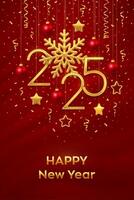 Happy New Year 2025. Hanging Golden metallic numbers 2025 with shining snowflakes, 3D metallic stars, balls, confetti on red background. New Year greeting card, banner template. vector