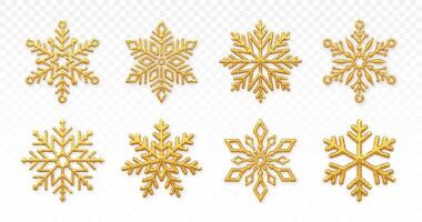 Gold Snowflakes set. Sparkling golden snowflakes with glitter texture isolated on transparent background. Merry Christmas and happy new year greeting card design element. vector
