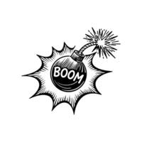 Explosion illustration featuring a cartoon bomb with a lit fuse and the word boom vector