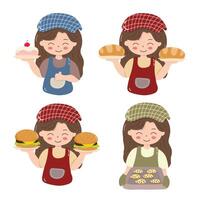 Set illustrations of women doing baking, such as baking cookies, baking bread. vector