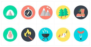 A set of 10 mix icons as camping, compass direction, hills vector
