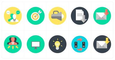 A set of 10 mix icons as business conversation, target, promotion, download document vector