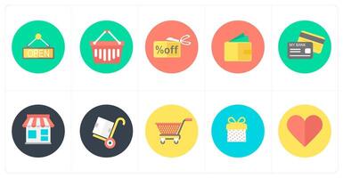 A set of 10 mix icons as open board, shopping basket, discount offer vector