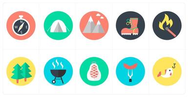 A set of 10 mix icons as compass direction, camping, hills vector