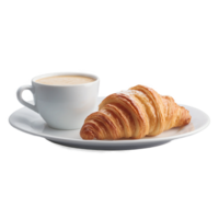 Golden Flaky Croissant with Latte on a White Plate, with a clean and transparent background. Breakfast Delight. png