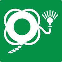 Green sign lifebuoy with line and light. Designation the location a lifebuoy equipped with a line floating rope. Rescue people overboard or in the water. Safe pulling out the victim. Iso 7010. vector