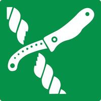 Green sign liferaft knife. Designation the place where a knife intended for cutting ropes, cords or other materials during deployment liferafts or emergency release is stored. ISO 7010. Rescue knife. vector