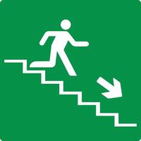 Green sign evacuation exit down steps. Designations location emergency evacuation exit. Quick and safe exit from a building or facility in case emergency. Direction a safe area. Iso 7010. Fire exit. vector