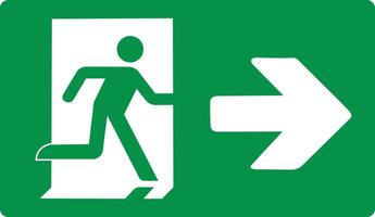 Green sign evacuation exit right. Designations location emergency evacuation exit. Quick and safe exit from a building or facility in case emergency. Direction a safe area. Iso 7010. Fire exit. vector