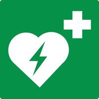 Green sign automatic external defibrillator. Location the AED automatic external defibrillator for emergency assistance in cases heart attack or sudden cardiac arrest. Providing first aid. Iso 7010. vector