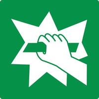 Green sign break to obtain access. Place where glass must be broken to gain access to equipment or an object in an emergency. Hand with an object that breaks glass. Safety symbol. Iso 7010. vector