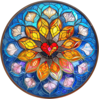 A circular stained glass window with a heart in the center png