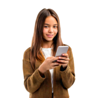 a girl is texting on a phone and the screen is on. png