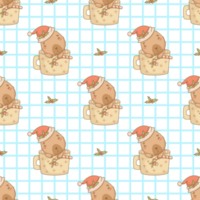 Seamless pattern with Christmas Capybara Santa in cup on checkered background png