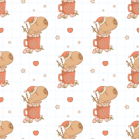 Christmas Seamless pattern Capybara Santa in cup Cocoa with Marshmallows on checkered background png