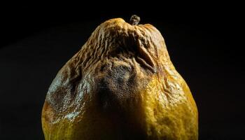 close-up of a wrinkled and discolored spoiled quince under low lighting emphasizing texture and decay photo