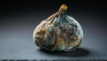 close-up of decayed fig with green mold growth and sticky blackened texture against dark background photo
