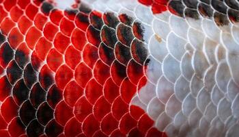 Macro view of koi fish scales with red, white, and black patterns photo