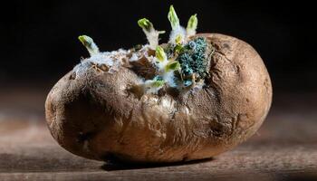 detailed shot of a moldy potato with sprouting eyes and green fungal growth, showcasing decay and natural decomposition in close-up photo