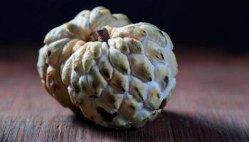 close-up of custard apple with cracked segments and visible mold on wooden surface under moody lighting photo