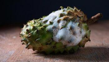 close-up of a spoiled soursop with soft spots and white mold spreading across its spiked green surface photo