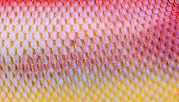 macro view of snapper fish scales showcasing intricate overlapping patterns with pink and yellow tones photo