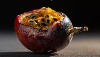 detailed shot of a rotting passion fruit with darkened outer shell and exposed juicy pulp filled with seeds and mold formation photo