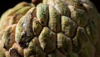 close-up of custard apple with cracked skin and visible mold growth between segments under low light photo