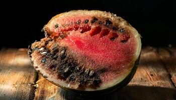 close-up of a decayed watermelon slice with mushy flesh, blackened seeds, and visible mold under warm lighting photo