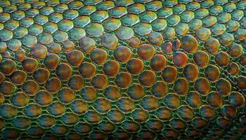 close-up of vibrant green and orange lizard skin featuring overlapping scales with iridescent textures and natural patterns photo