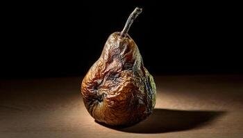 detailed shot of a rotting pear with wrinkled surface and fungal growth forming under dramatic lighting photo