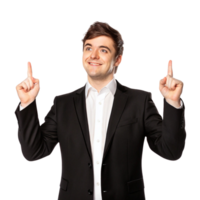 Motivated and Smiling Businessman Pointing Up with Both Hands png