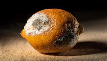 close-up of a shriveled lemon with discolored patches and white mold under dramatic lighting photo