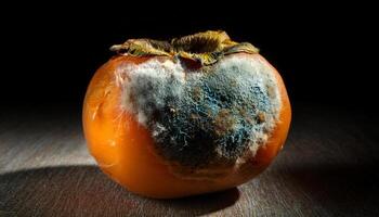 macro close-up of a moldy persimmon with extensive fungal growth, blue and white mold patches, and visible softening of the fruit's surface photo