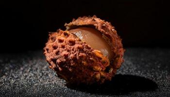 close-up of a decayed lychee fruit with cracked textured skin and exposed darkened flesh under soft light photo